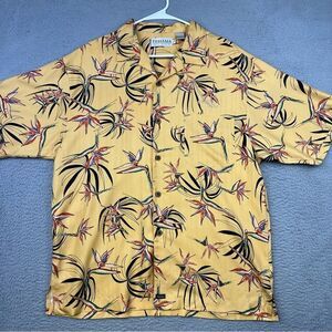 Tehama Clint Silk Shirt Mens Large Yellow Hawaiian Floral Beach White Witch Logo